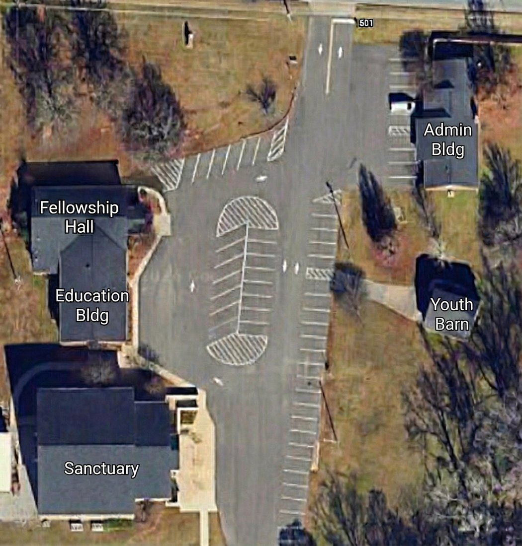 Aerial view of Riverwood Presbyterian Church campus showing the Admin Building, Fellowship Hall, Education Building, Sanctuary, and Youth Barn